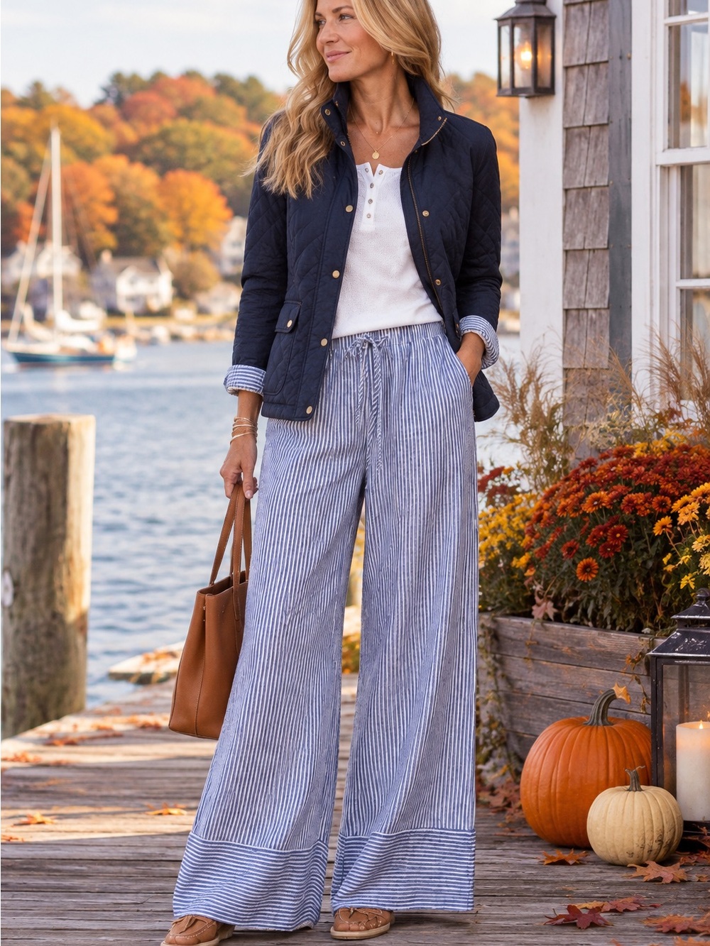 Belle Vere Blue White Striped Linen Blend Beach Pants Size 8 EUC